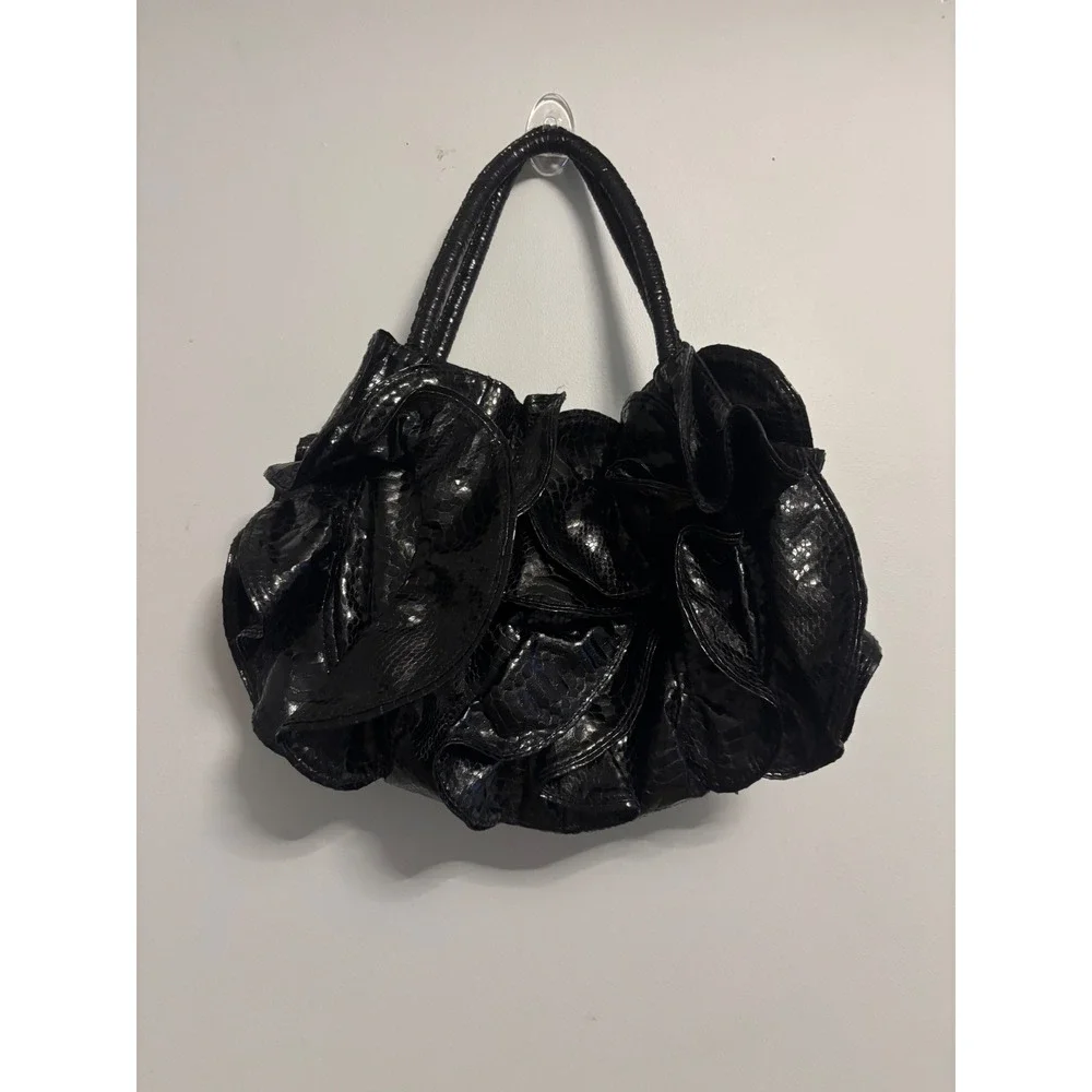 Sondra Roberts Black Faux Snakeskin Ruffle Hobo Bag Patent Tiered Petal Shoulder
